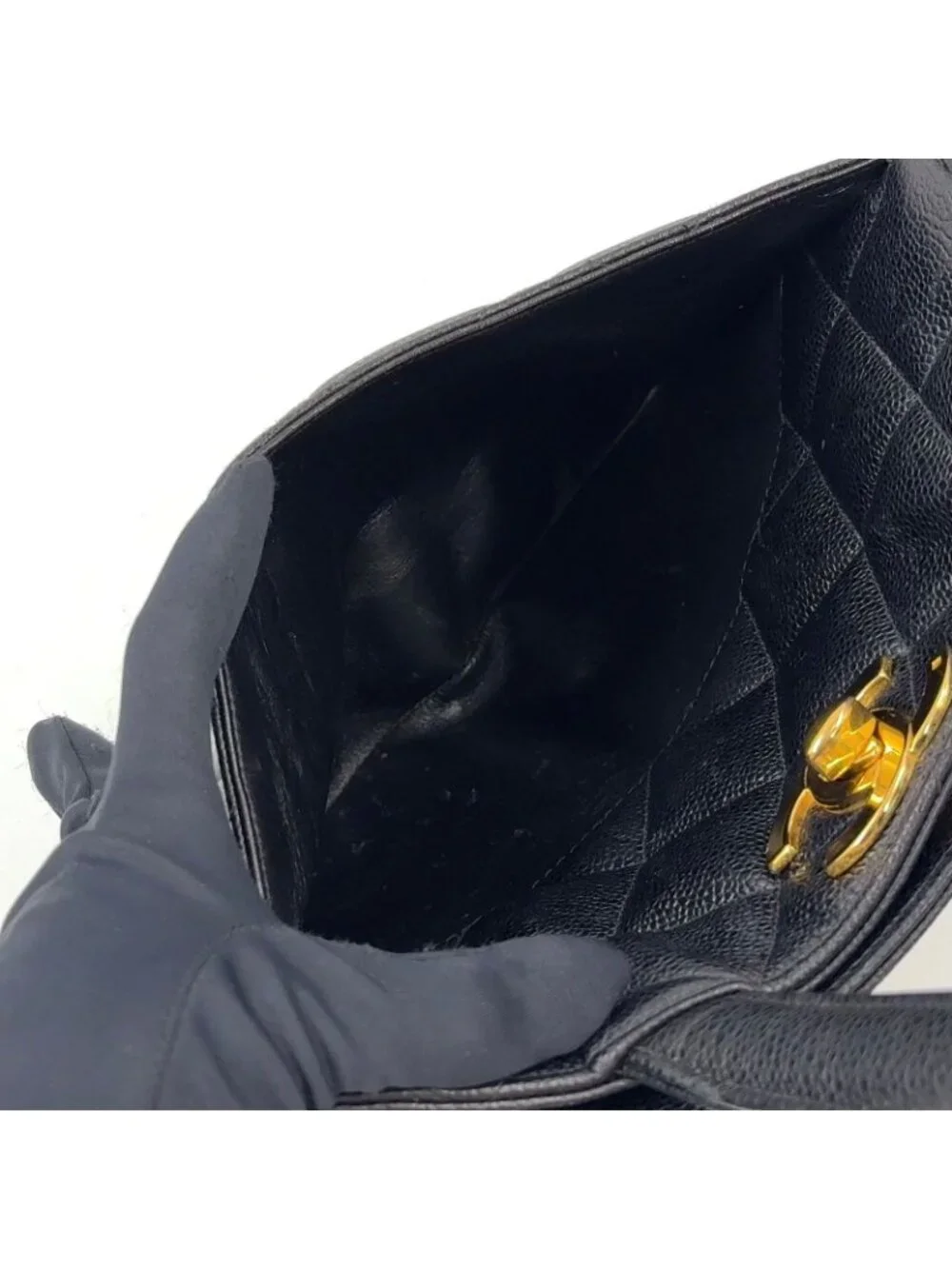 Chanel Quilted Turnlock Caviar Leather Black Tote Bag Gold